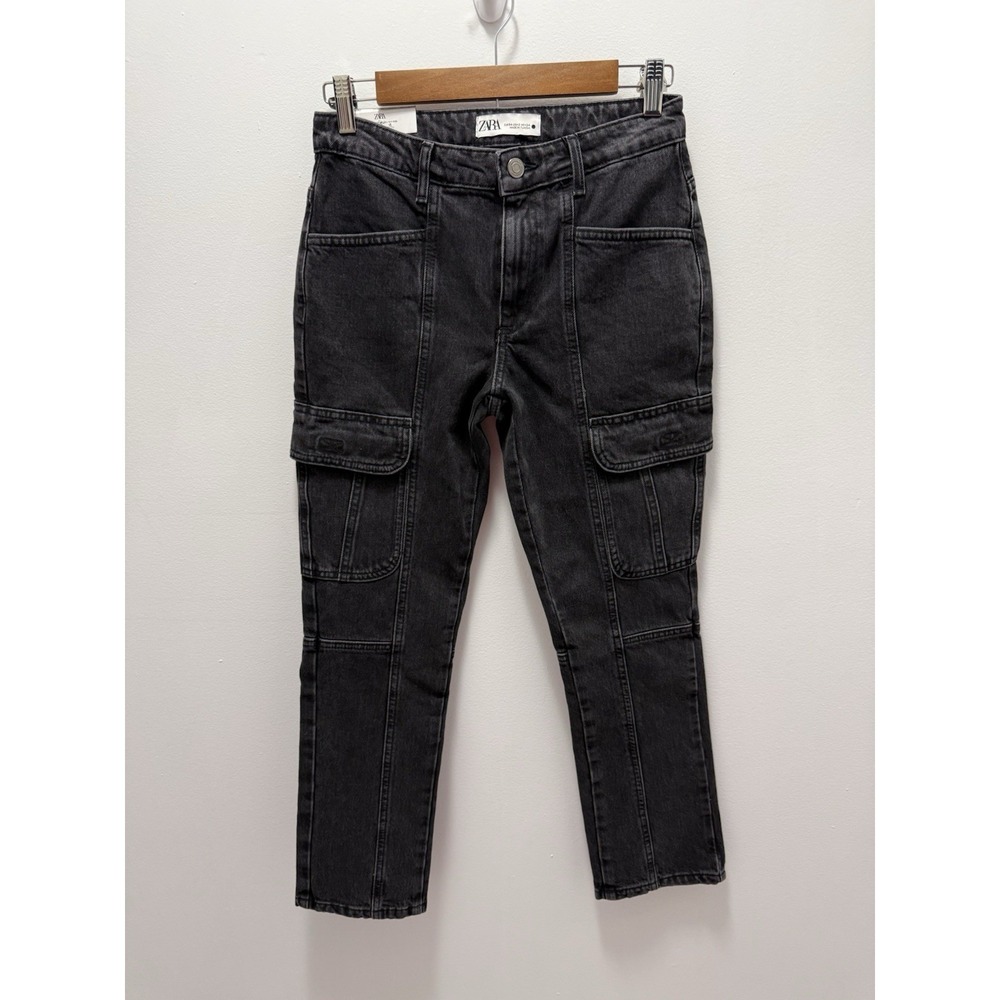ZARA Slim Cargo Jeans Washed Black Women's Size 2 EUR 34 Stretch Denim Pants